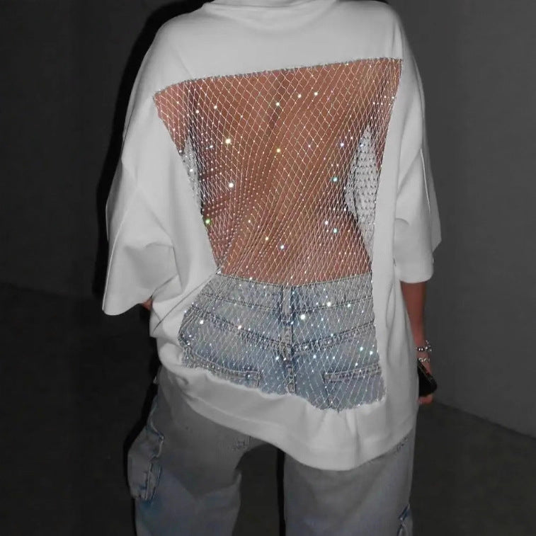 Women's oversized T-shirt with transparent mesh back, rhinestone embellishment and jeans print Mune Fashion