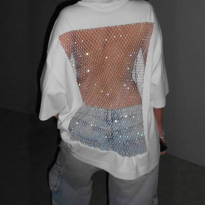 Women's oversized T-shirt with transparent mesh back, rhinestone embellishment and jeans print Mune Fashion