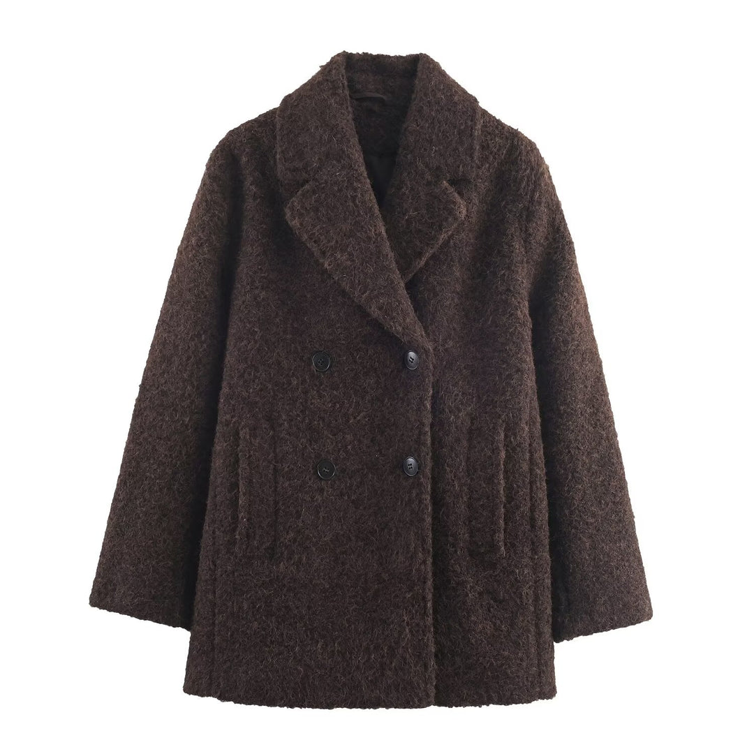 Ladies Double-Breasted Teddy Coat with Shawl Collar and Patch Pockets Mune Fashion