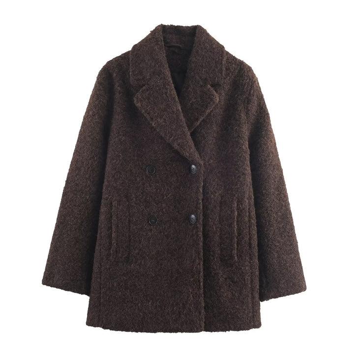 Ladies Double-Breasted Teddy Coat with Shawl Collar and Patch Pockets Mune Fashion
