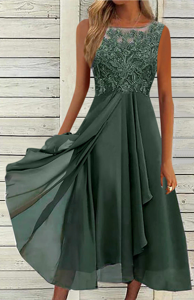 Women's sleeveless chiffon midi dress with embroidered illusion lace, boat neckline, and multilayer flared skirt Mune Fashion