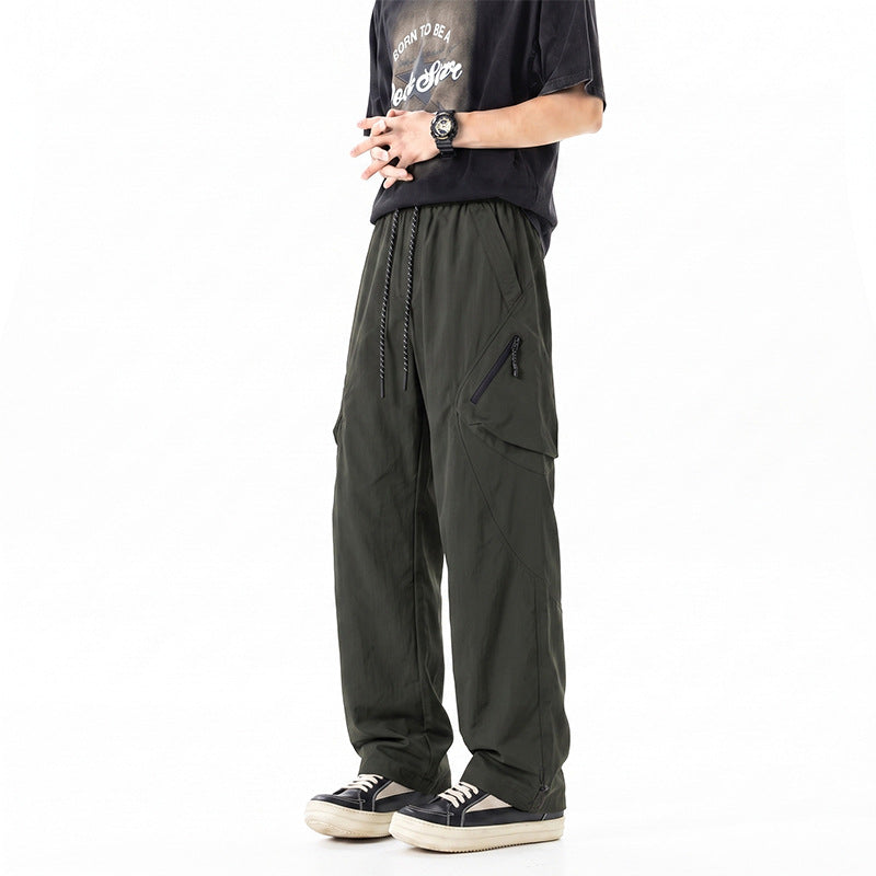 Men's Wide Technical Utility Cargo Pants with Drawstring Waist and Multifunctional Pockets Drune