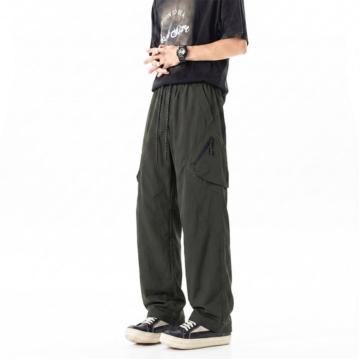 Men's Wide Technical Utility Cargo Pants with Drawstring Waist and Multifunctional Pockets Drune