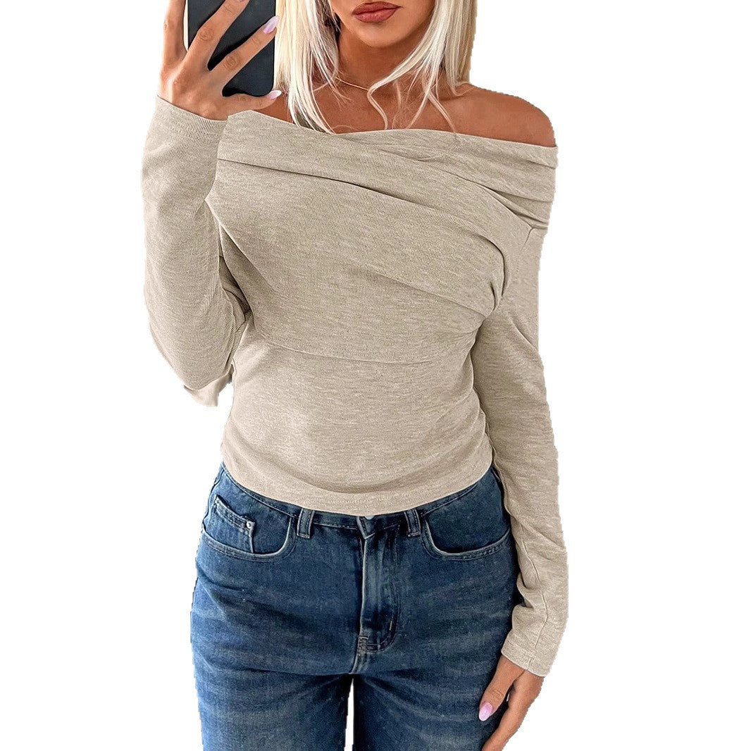 Women Soft Off-Shoulder Long Sleeve Shirt with Waterfall Collar and Light Stretch Mune Fashion