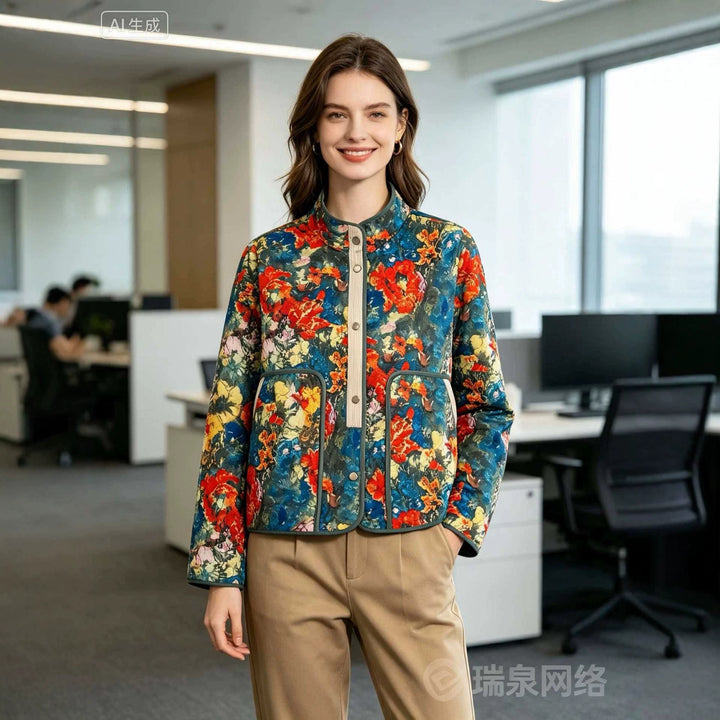 Women's Padded Padded Jacket with Floral Print, Stand Collar and Flap Pockets Mune Fashion