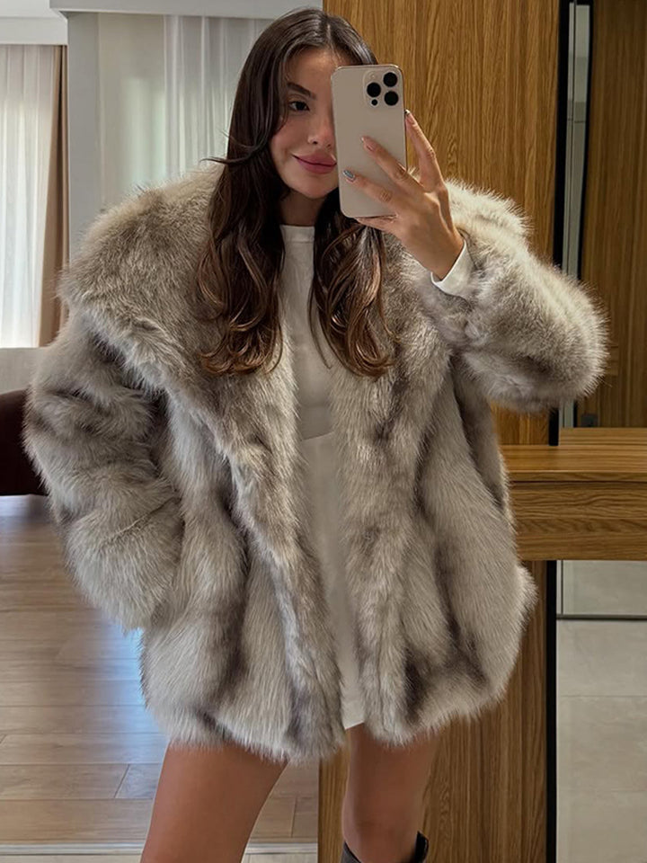 Women's Short Coat Oversize Faux Fur with Voluminous Shawl Collar and Boxy Silhouette Mune Fashion