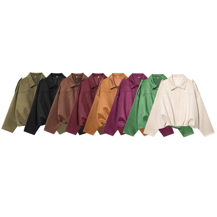 Women's Cropped Suede Look Blouson Jacket with Waist Smocking and Shoulder Patches Mune Fashion