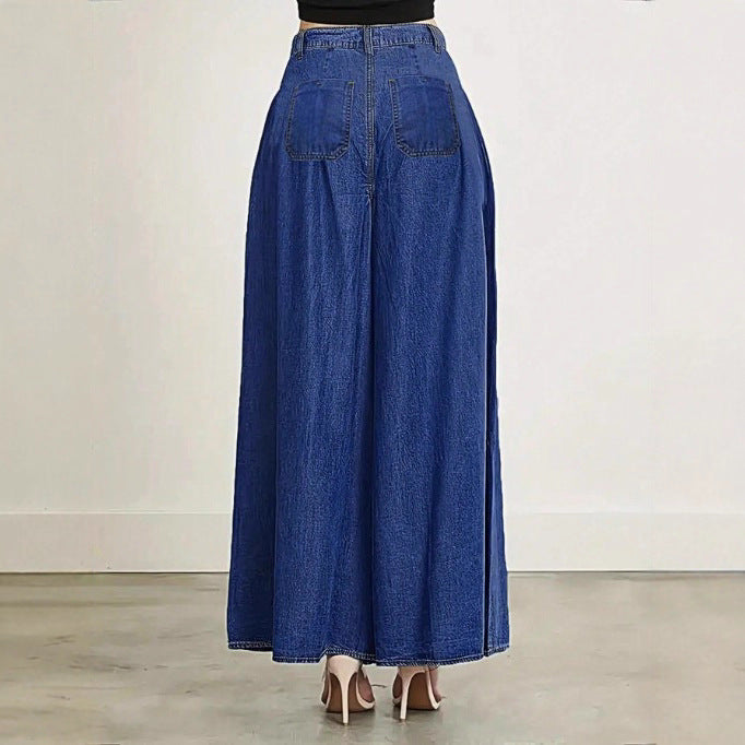Women Extra Wide High-Waist Denim Palazzo Pants with Flowing A-Line Fall Mune Fashion