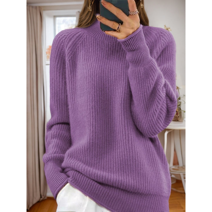 Women's cozy knitted sweater with stand-up collar and ribbed structure Mune Fashion