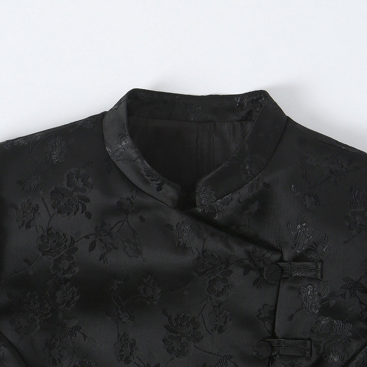 Women's Tailored Jacquard Blazer Jacket with Mandarin Collar and Decorative Knot Closure Mune Fashion