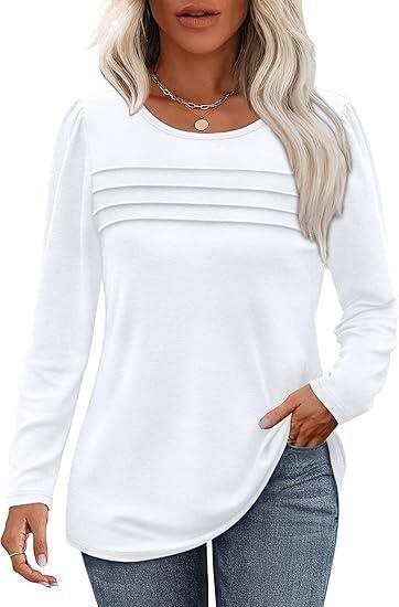 Women Fine Long Sleeve Shirt with Round Neck, Decorative Darts and Slightly Fitted A-Line Mune Fashion