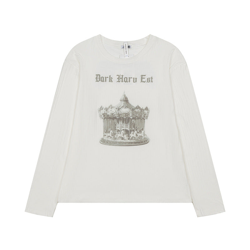 Women long sleeve shirt made of fine rib jersey with vintage carousel photo print and round neck.