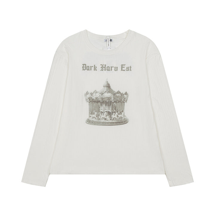 Women long sleeve shirt made of fine rib jersey with vintage carousel photo print and round neck.