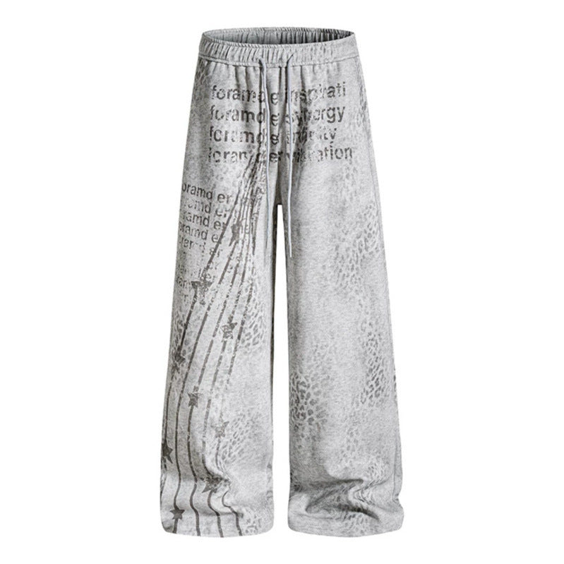 Women's Wide Palazzo Jogging Pants with Drawstring Waist, Statement Print and Vintage Wash Mune Fashion