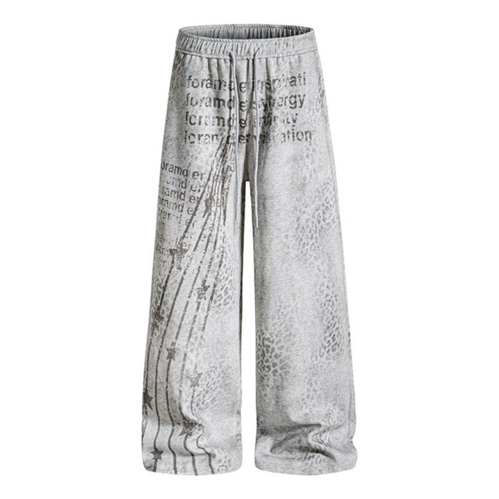 Women's Wide Palazzo Jogging Pants with Drawstring Waist, Statement Print and Vintage Wash Mune Fashion