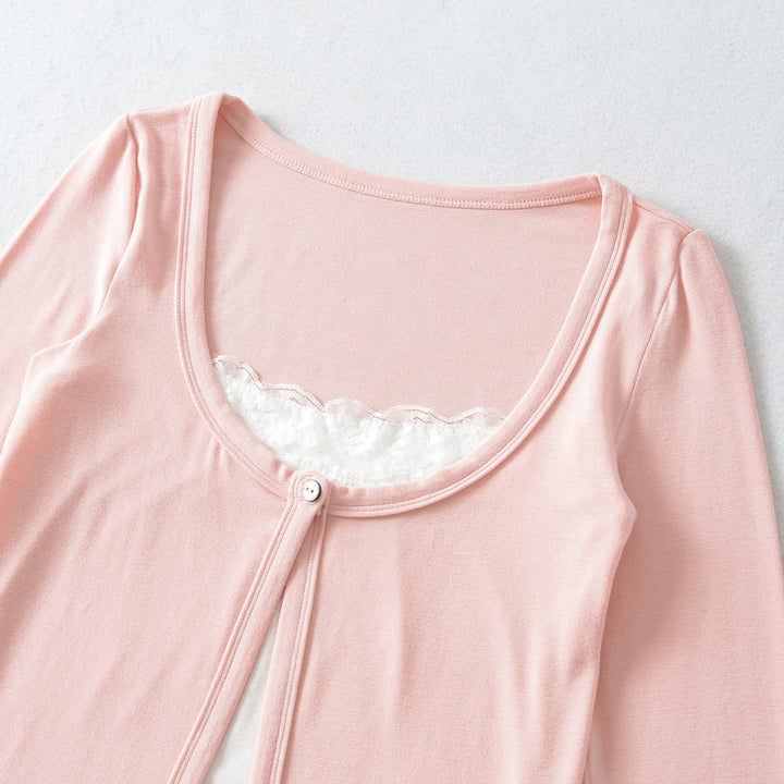Women's layered cardigan with integrated lace cami and single-button closure Mune Fashion