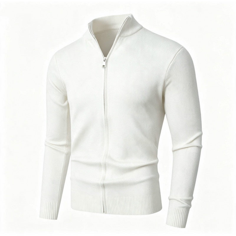 Men's Slim Fit Fine Knit Cardigan with Double Zipper and Stand Collar Mune Fashion
