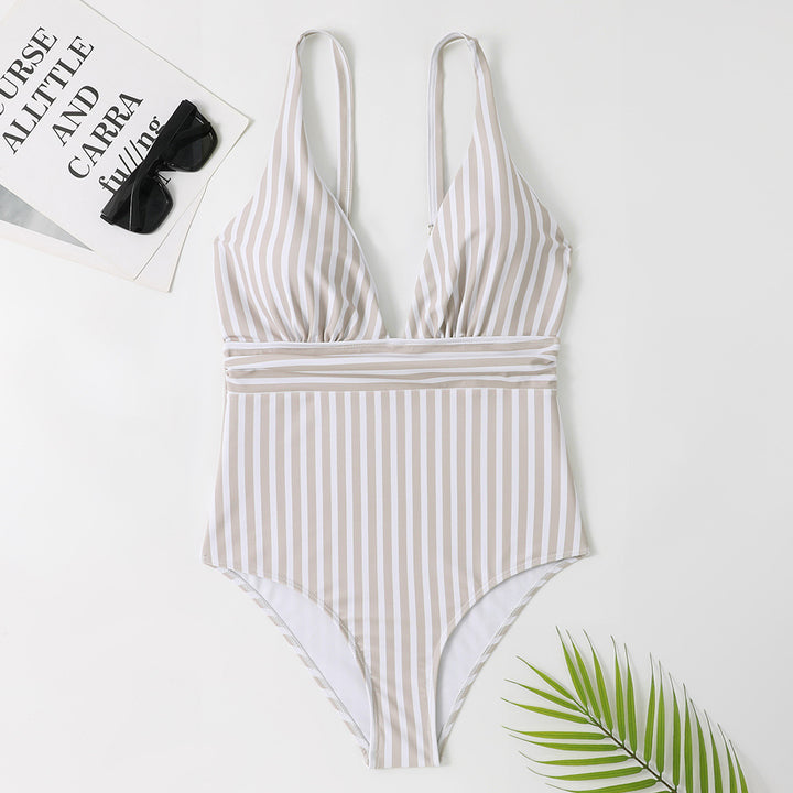 Women's One-Piece Swimsuit with Deep V-Neck and Fashionable Stripes Mune Fashion
