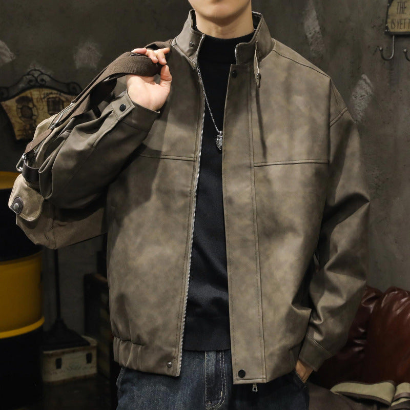 Men's Boxy Leather-Look Blouson with concealed zipper placket, stand collar, and elastic waistband Mune Fashion