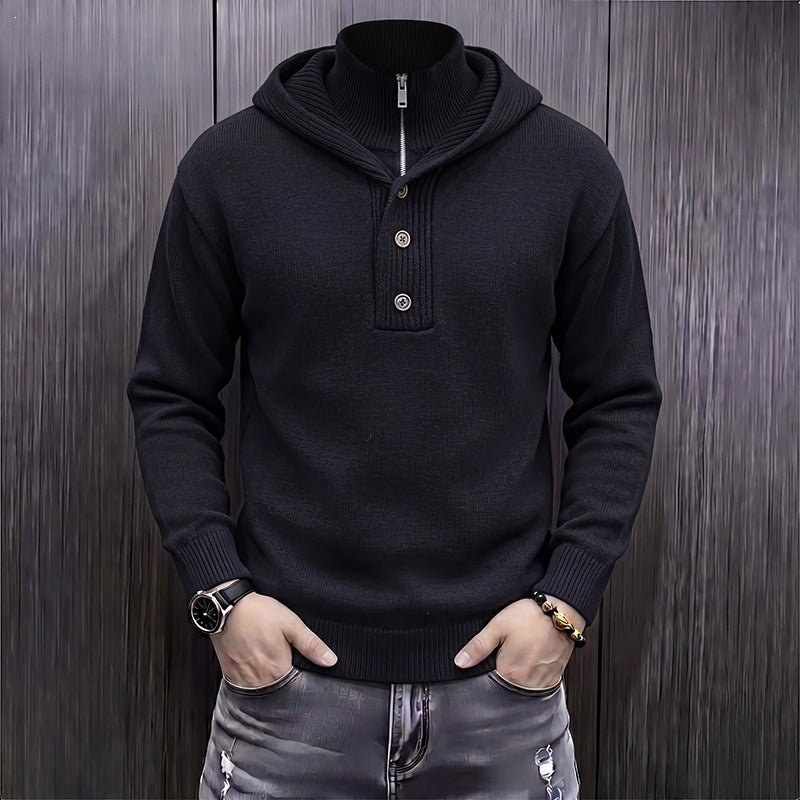 Men's fine knit hooded pullover with half zipper and button placket Mune Fashion