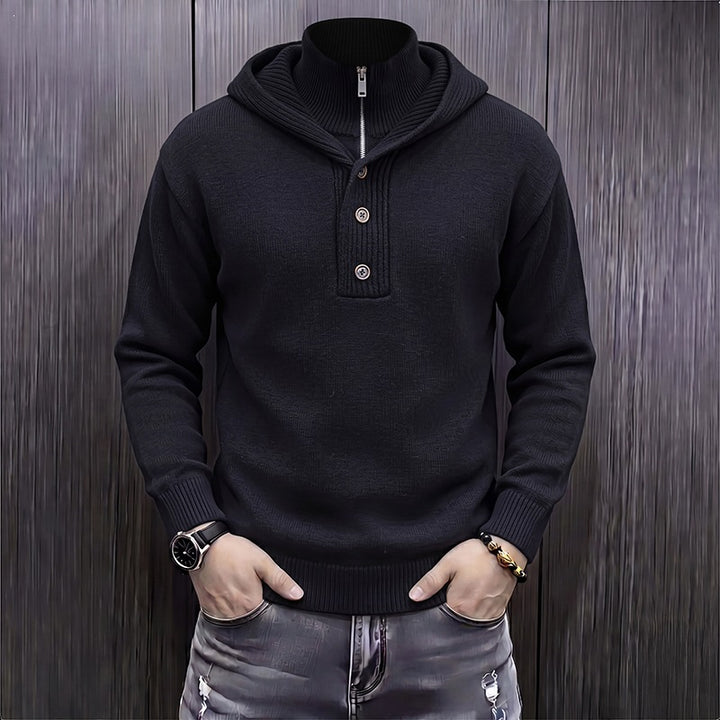 Men's fine knit hooded pullover with half zipper and button placket Mune Fashion