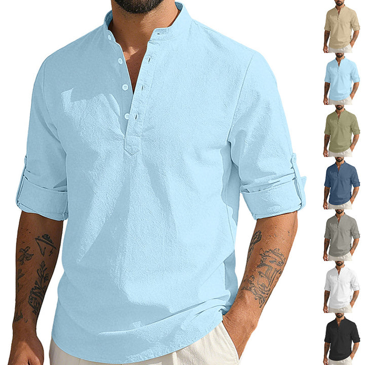 Men's lightweight half-button shirt made of linen blend with stand-up collar and roll-up sleeves Mune Fashion