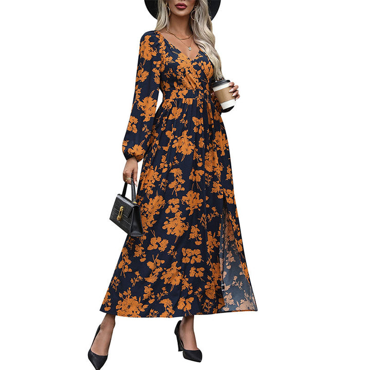 Women's Floral Maxi Dress with V-Neck and Ruffle Details Mune Fashion