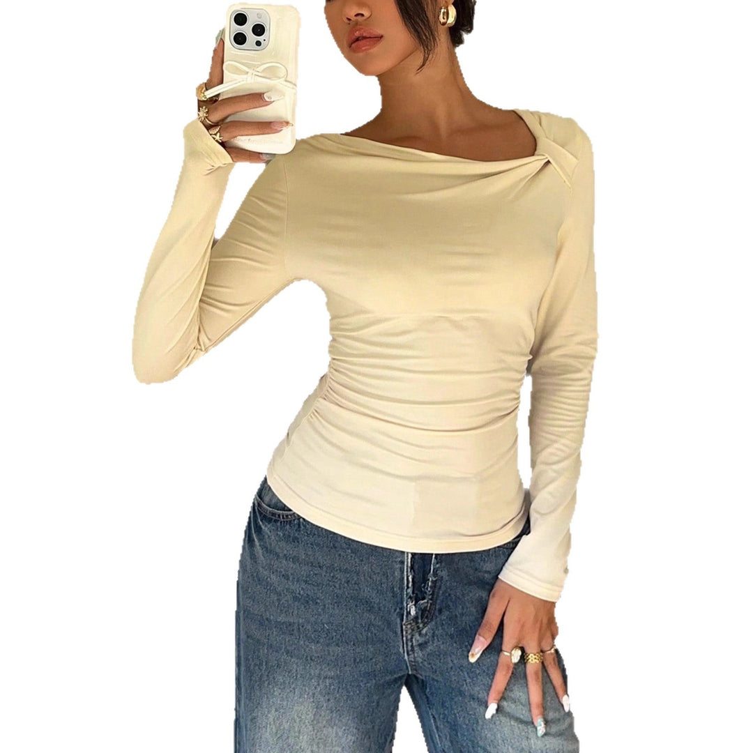Women's Fitted Long Sleeve Shirt with Asymmetrical Off-Shoulder Neckline and Side Gathering