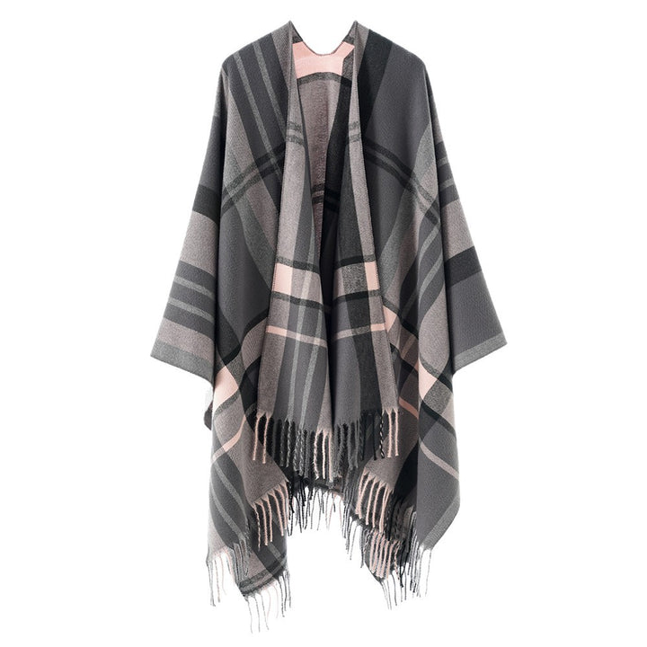 Women Oversize Poncho-Cape with Check Pattern and Fringes Mune Fashion