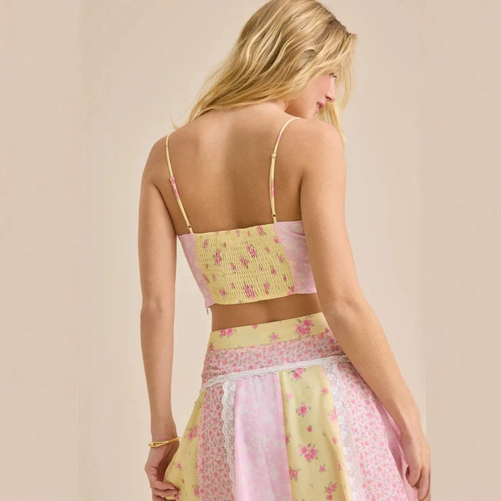 Women romantic crop top with spaghetti straps and tiered patchwork maxi skirt Mune Fashion