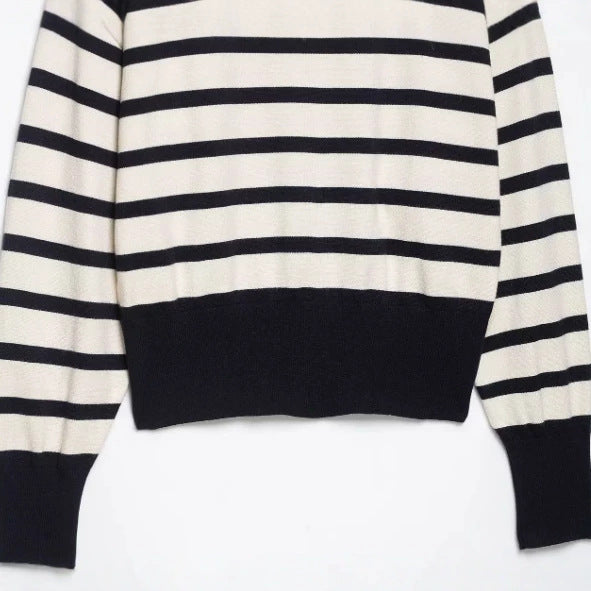 Women Striped Cropped Knit Sweater with Stand-up Collar and Voluminous Balloon Sleeves Mune Fashion