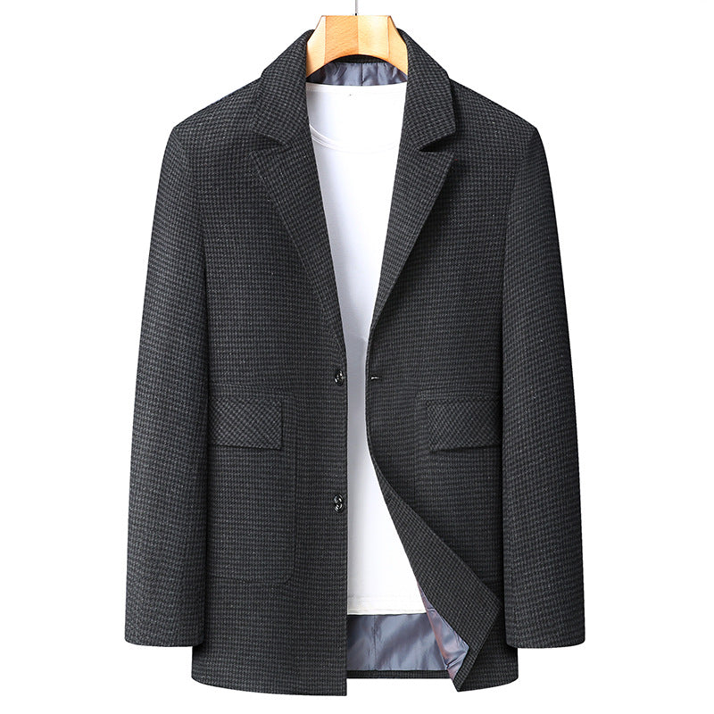 Men's Single-Breasted Short Coat made of Wool Blend with Houndstooth Pattern and Lapel Collar Mune Fashion