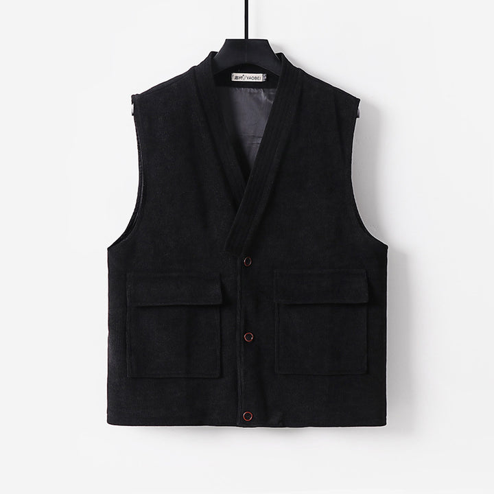 Men's cord waistcoat with V-neck, stand-up collar, and large flap pockets Mune Fashion