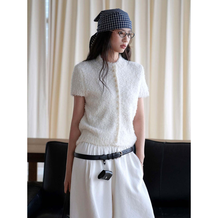 Women Short-cut Boucle Knit Vest with Button Placket Mune Fashion