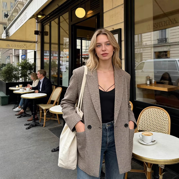 Women's Double-Breasted Oversized Blazer with Houndstooth Check and Flap Pockets Mune Fashion