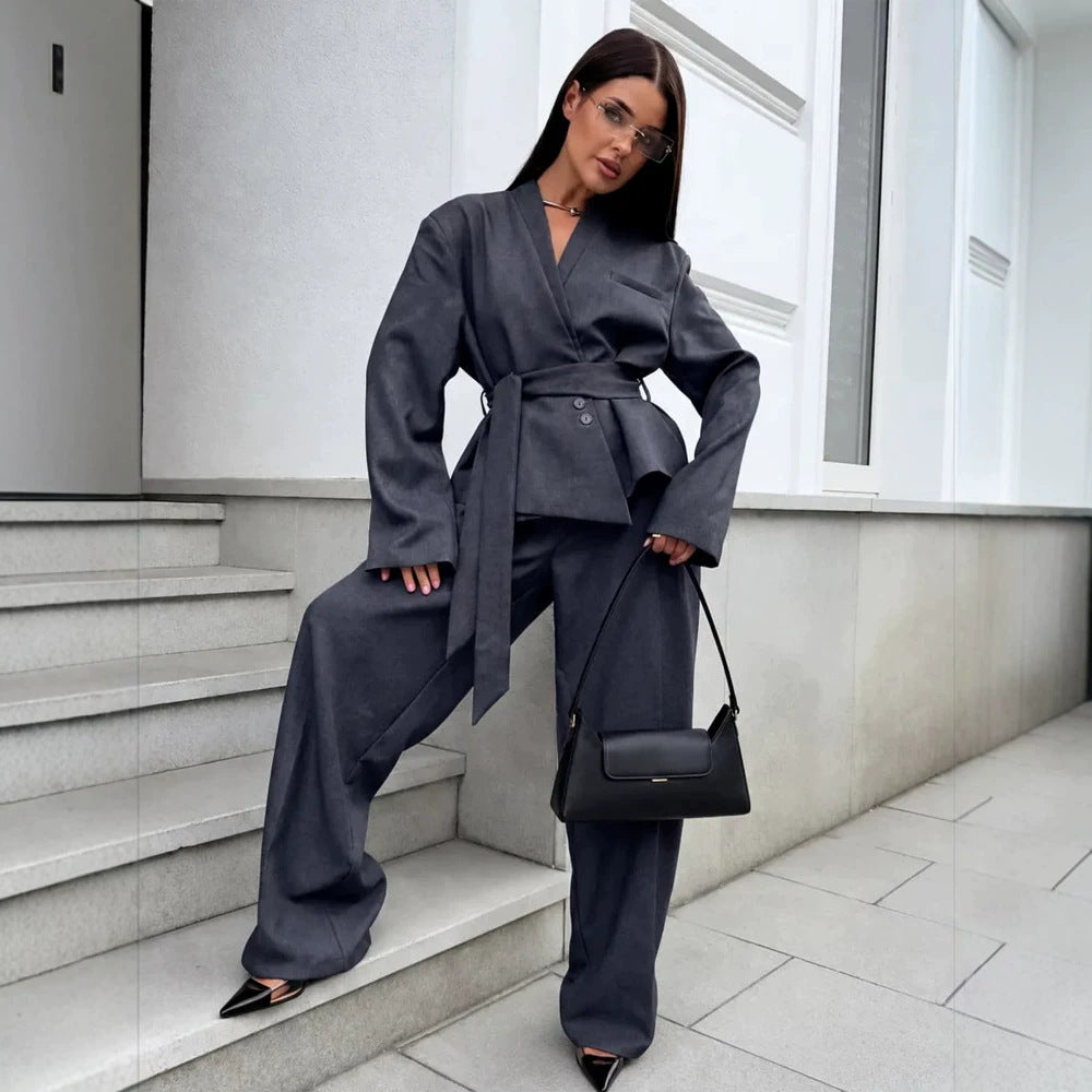 Women's Elegant Wrap Blazer Set with Waist Belt and Wide Pleated Trousers Mune Fashion