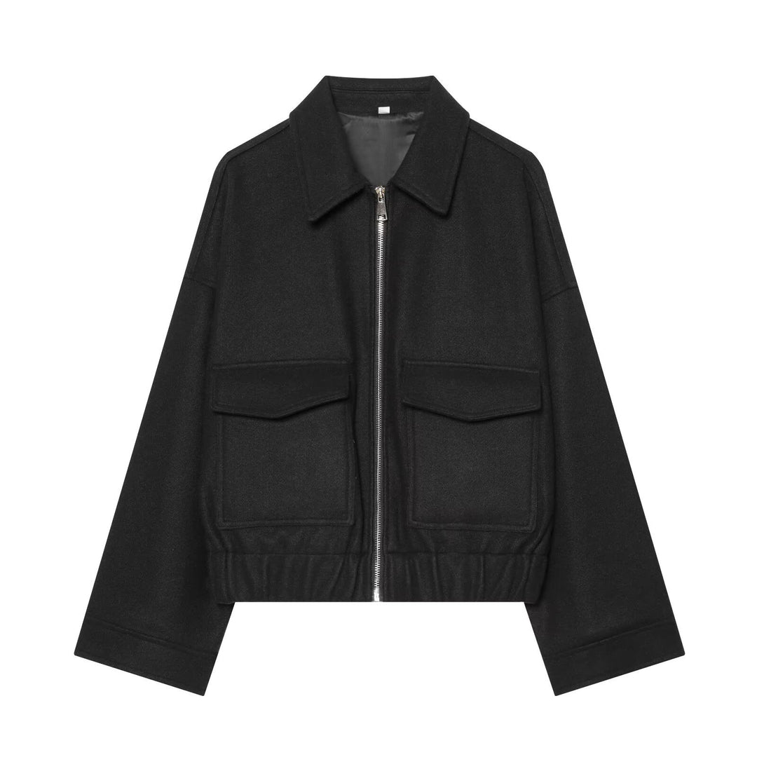 Ladies short jacket made of wool blend with zipper, flap pockets and elastic hem Mune Fashion