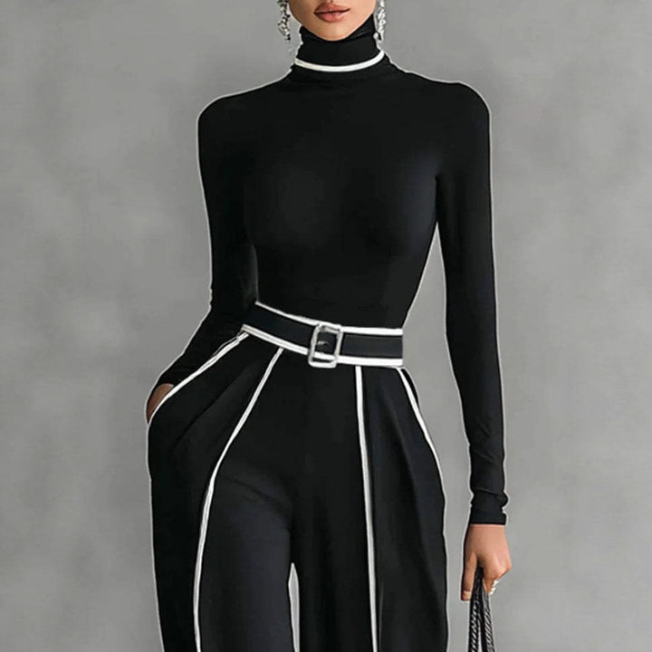 Women's Two-Piece Ensemble consisting of a form-fitting turtleneck bodysuit and wide-cut high-waisted trousers with belt Mune Fashion