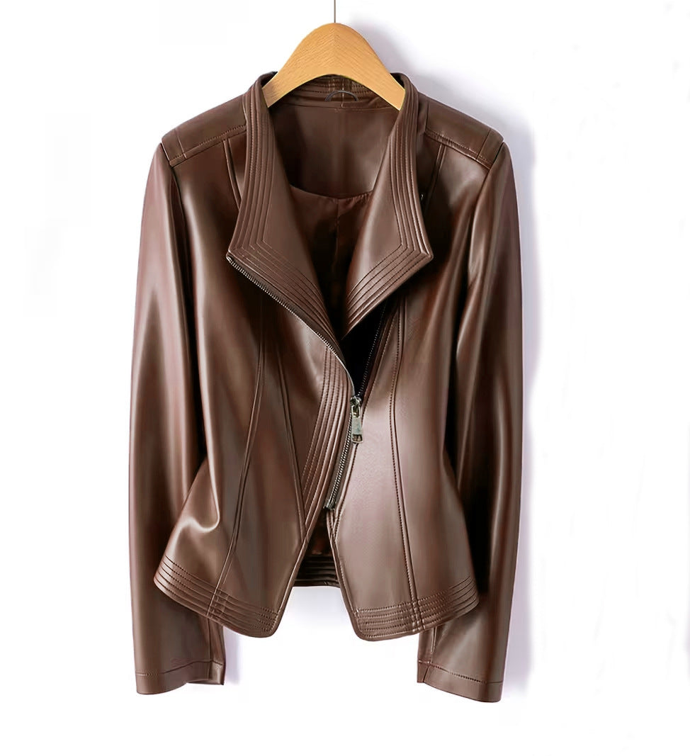 Women Fashionable Faux Leather Jacket with Asymmetrical Zipper Mune Fashion
