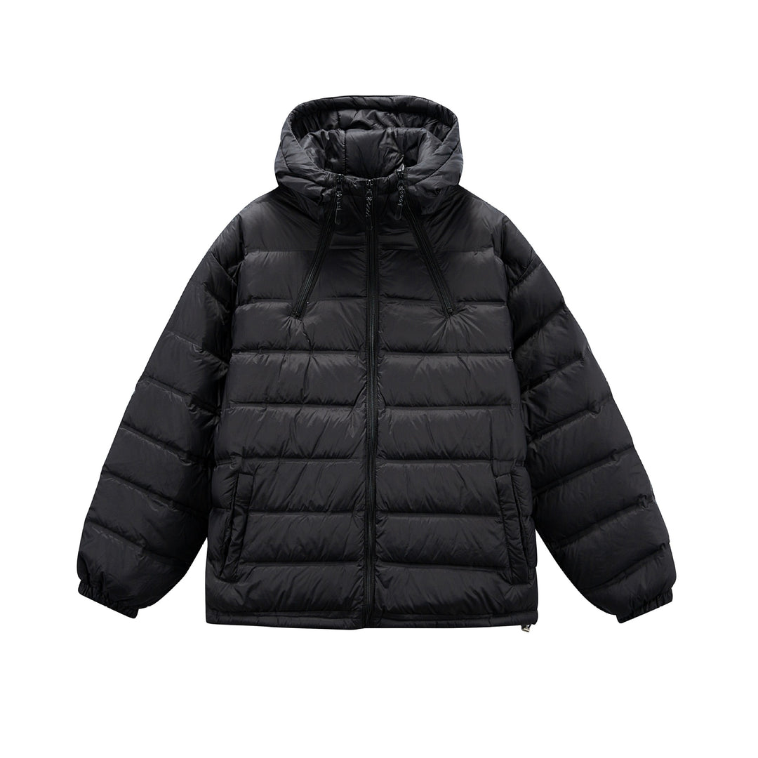 Men's Boxy Puffer Jacket with high stand-up hood, double front zipper and drawstring