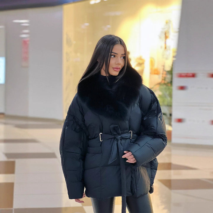 Women's Oversized Puffer Jacket with Waist Belt and Faux Fur Collar Mune Fashion