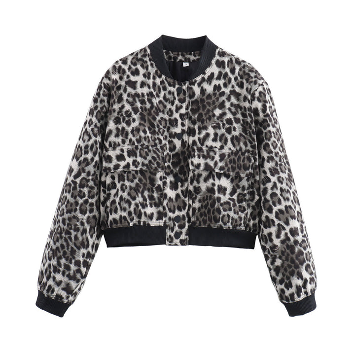 Women's short bomber jacket with leopard print, ribbed cuffs & flap pockets Mune Fashion