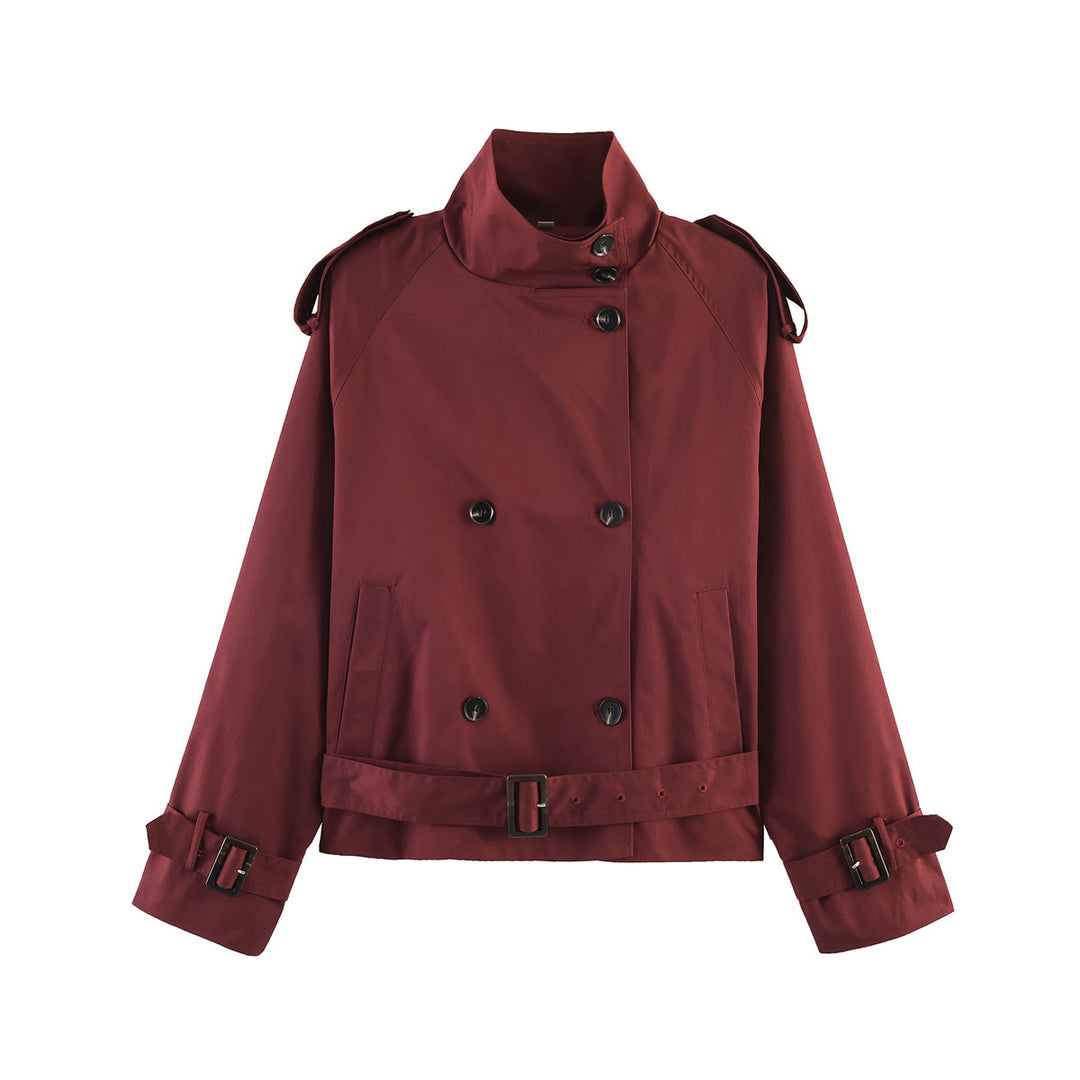 Women 20+ short double-breasted trench jacket in boxy cut with stand-up collar shoulder epaulets and adjustable waist belt Drune