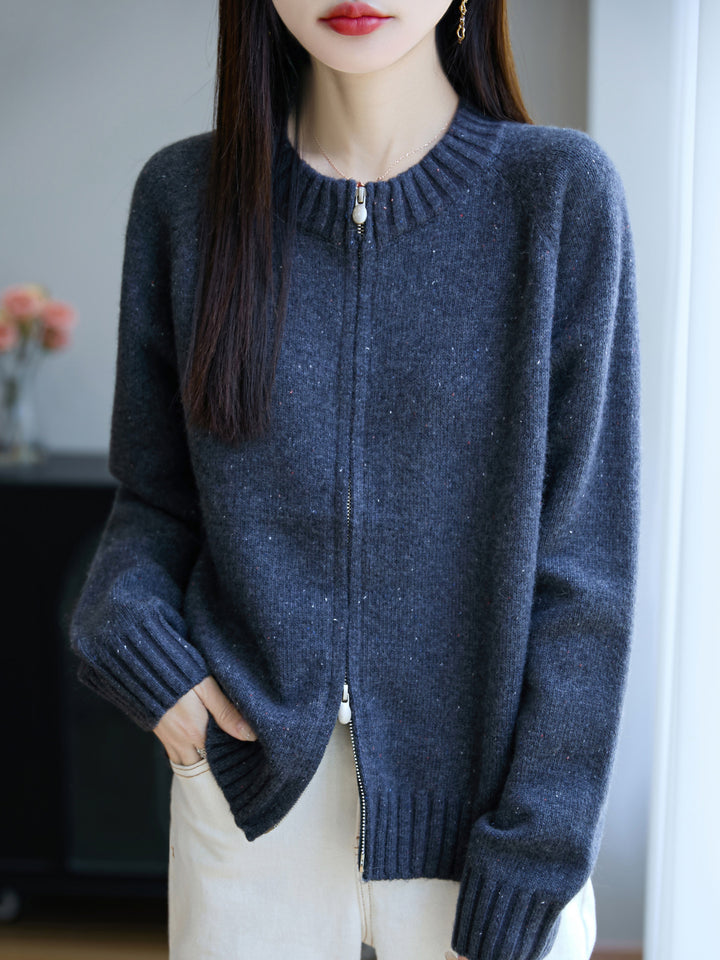 Women's zip cardigan with round neck, fine nep yarn and ribbed finishes Mune Fashion