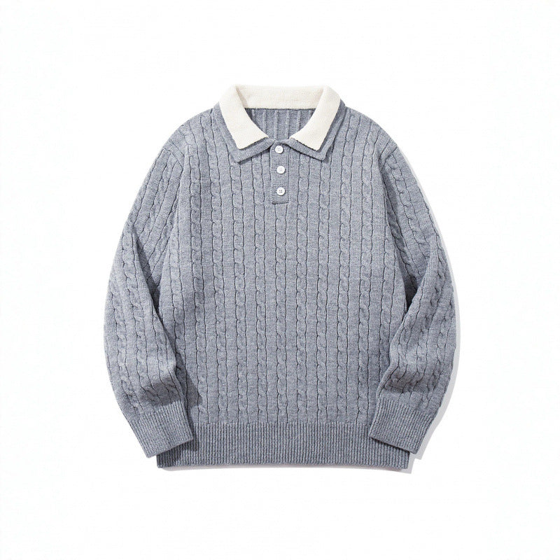 Men's Chunky Knitted Polo Collar Sweater with Cable Pattern and Button Placket Mune Fashion