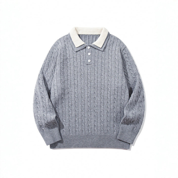 Men's Chunky Knitted Polo Collar Sweater with Cable Pattern and Button Placket Mune Fashion
