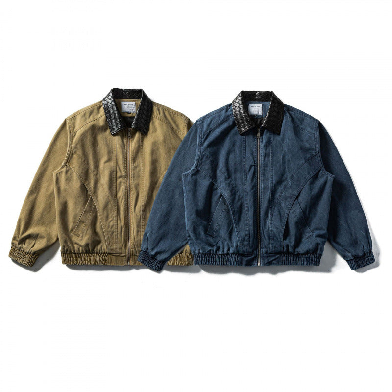 Men's Boxy Denim Blouson Jacket with Quilted Leather Collar and Elastic Cuffs Mune Fashion
