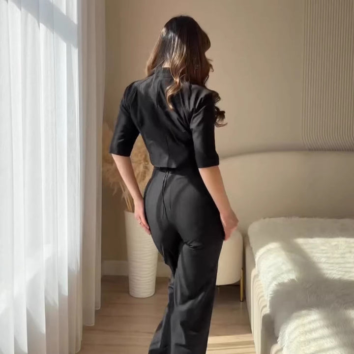 Women Two-Piece Satin Ensemble with Cropped Bolero, Gold Buttons and High Waist Mune Fashion