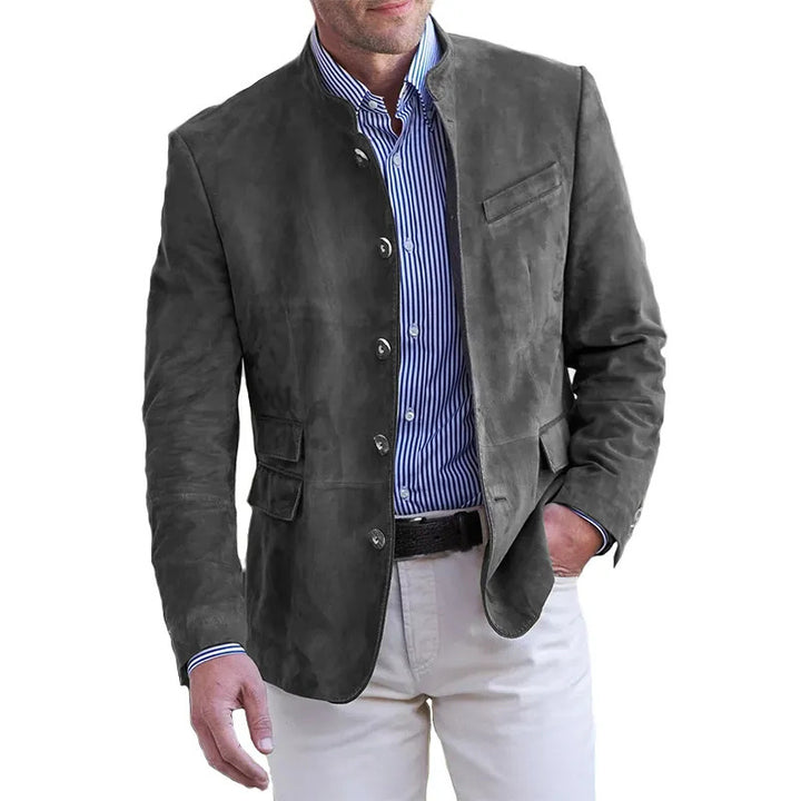 Men's Velour Leather Blazer with Stand Collar and Flap Pockets Mune Fashion