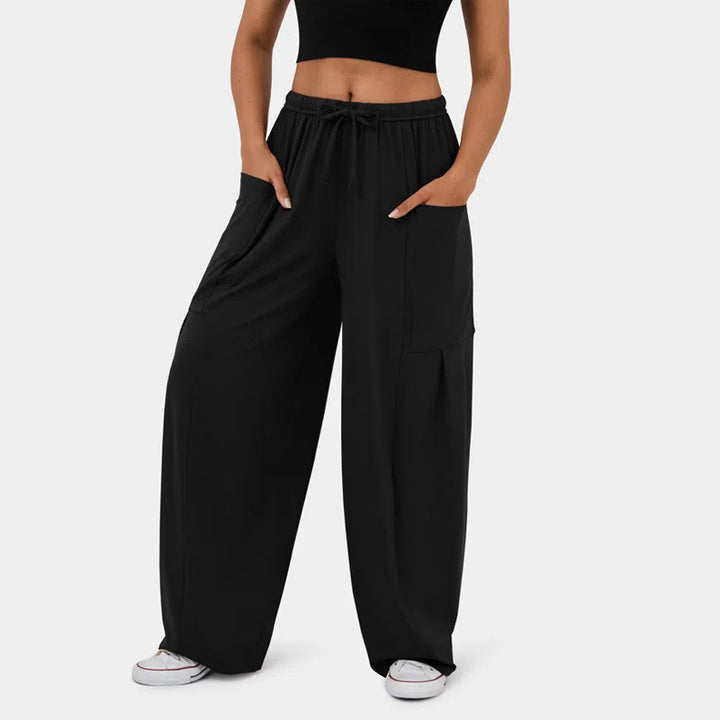 Women's Wide Relaxed Pants with High Elastic Waistband, Drawstring and Large Cargo Pockets Mune Fashion